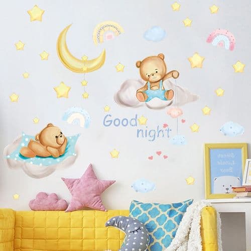 Bear Sleeping on Moon and Stars, Wall Decals for Kids, Nursery