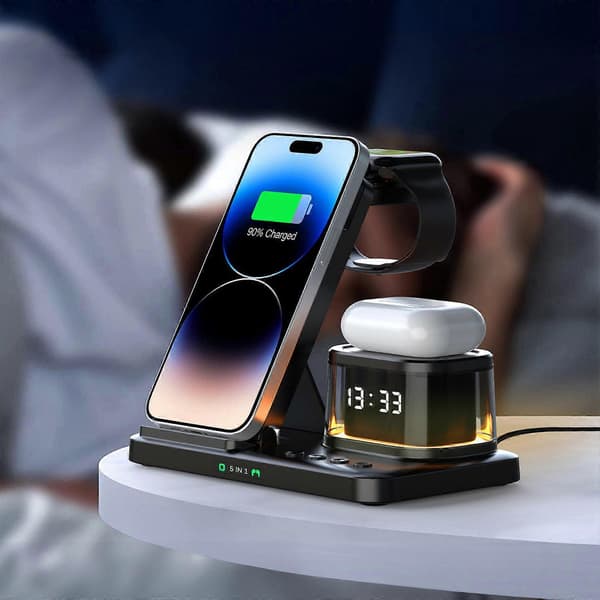 Wireless Charging Station with Digital Alarm Clock, Multi-Device Charging Station, 15W Wireless Charger, Stand for IOS and Android