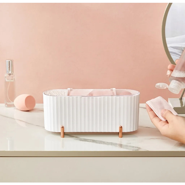 White 3-Compartment Cosmetic Storage Box with Dustproof Lid for Makeup