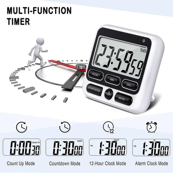 2024 Digital Kitchen Timer With Silent/Loud Alarm On/Off Button, 12-Hour Clock And Alarm, Memory Function
