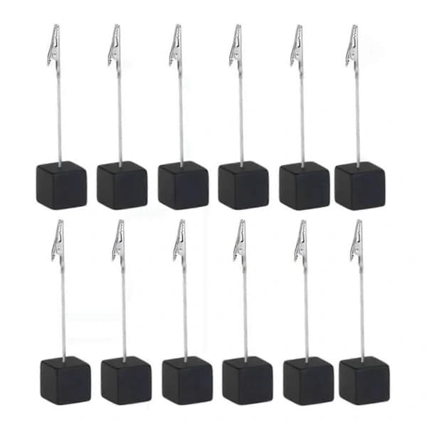 12-pack Wooden Card Holders with Memo Clips, Decorative Table Number Holders for Desk and Bedside Table Decoration, Black Cube Base