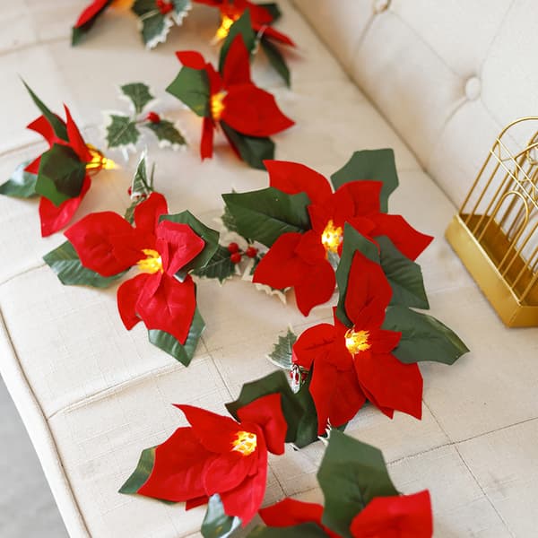 9.8ft Red Christmas Garland with String Lights, Artificial Velvet Flowers