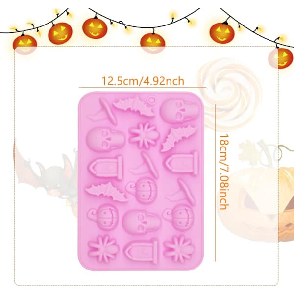 Halloween silikoneform, 18 huller Halloween chokoladeform slikform græskar flagermus edderkoppehat gravsten form til slik, DIY A6-WSDTMJ (Pink)