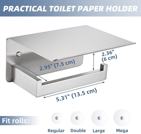 Mat sort toiletpapirholder med hylde, venstre side, 304 rustfrit stål, vægmontering