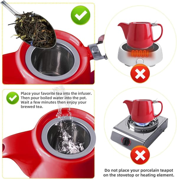 Keramisk tekanne med lokk og avtakbar infuser for løs te [JUN] Rød Red