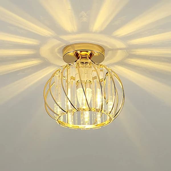 Crystal Ceiling Lamp with E27 Socket, Semi-Flush Fixture in Metal and Crystal for Kitchen, Hallway, Bedroom, Gold 19cm