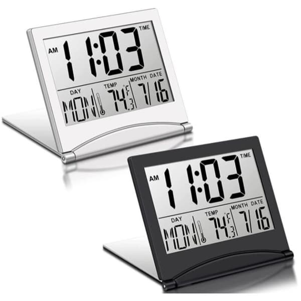 2 stk. digitalt rejsevækkeur, foldbart LCD-ur med kalender, temperatur, snooze-tilstand, display, bærbart skrivebord