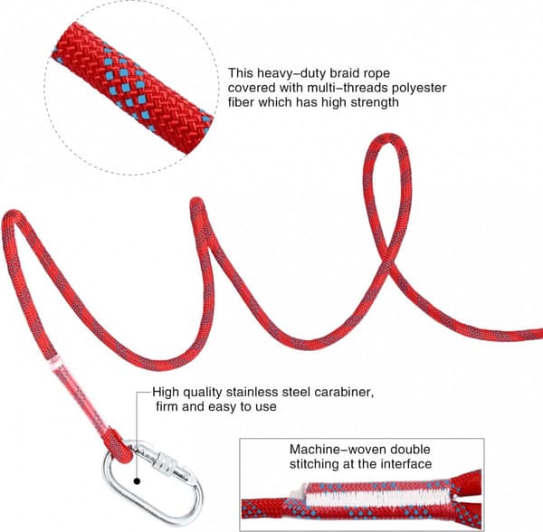 Climbing Rope 10 meters - 1000 kg Tensile Strength - including 2 Carabiners - Red - High Quality - Durable - Practical Use
