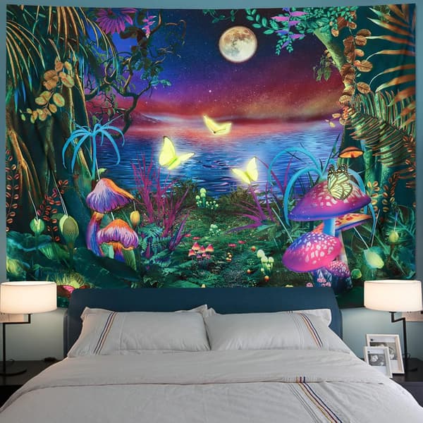 Dreamy Forest Tapestry Mushroom Tapestry UV-Reflective Butterfly A