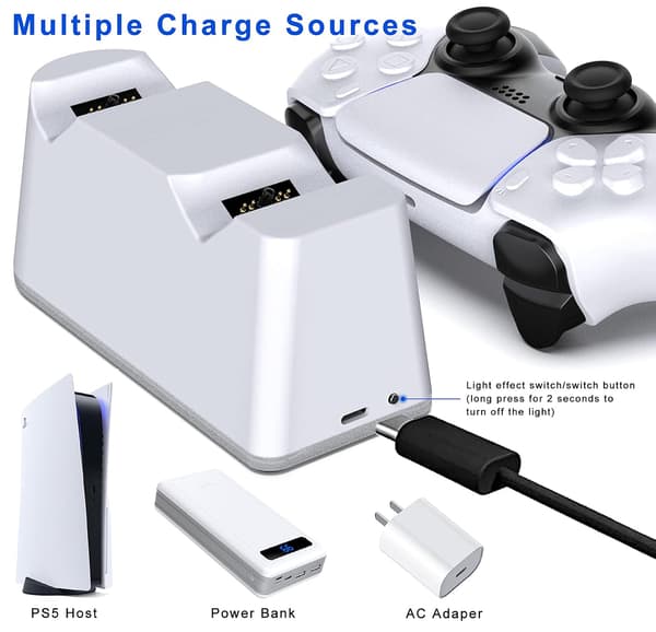PS5-opladningsstation, opladningsstation til PS5-controller med justerbart lys