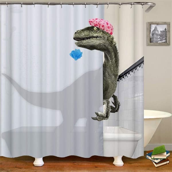 3D badande dinosaurie duschdraperi med krokar vit vattentät Mi