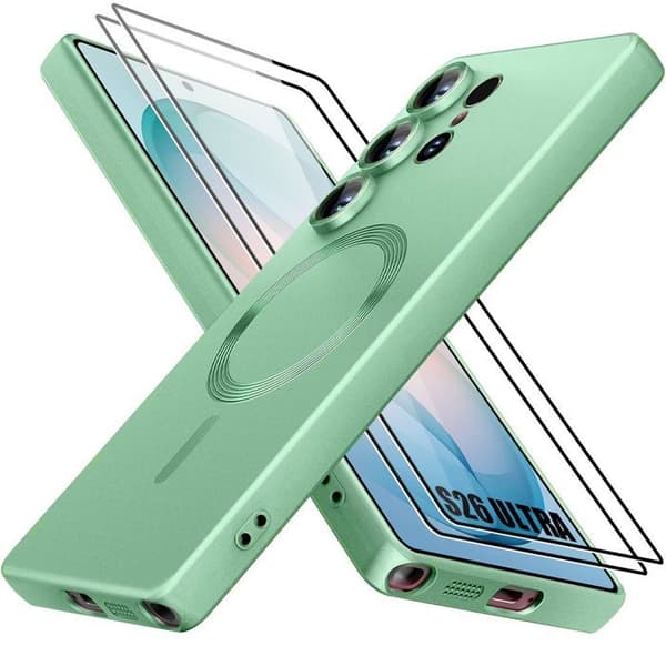 Etui + 2 hærdede glas til Samsung Galaxy S26 Ultra, silikone med grøn magnetring Grøn Grön