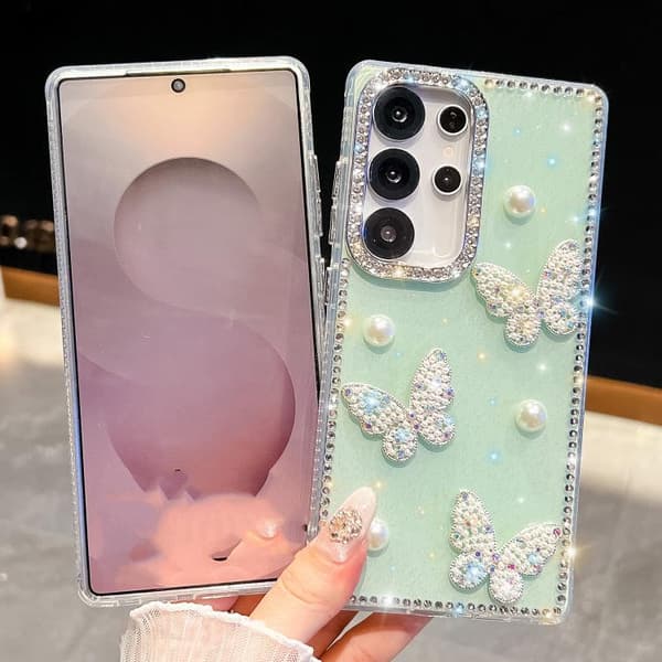 Samsung Galaxy S26 Ultra 5G deksel med diamantglitter perlesommerfugl, støtsikkert i fire hjørner