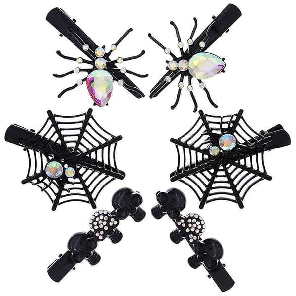 2025 6 kpl Halloween-hårklipsit strass-hämähäkinverkolla ja pääkallolla