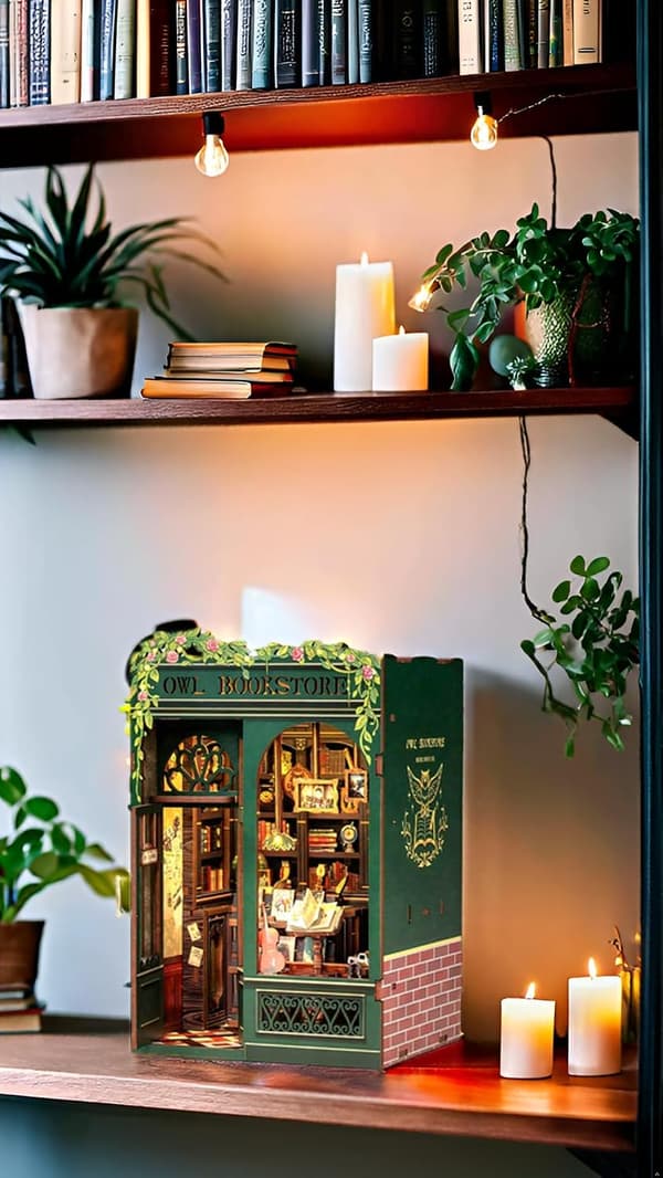 DIY Boghjørne Kit - Miniature Træhus med Møbler og LED-Lys - UGGLE Boghandel
