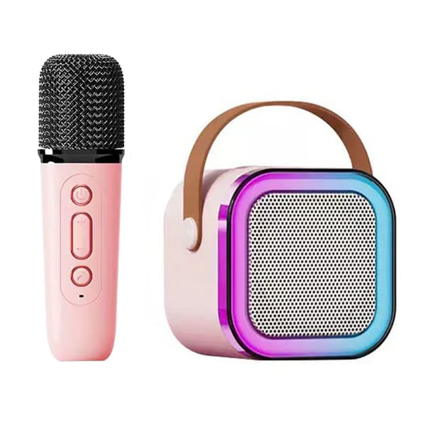 Mini Karaoke Machine Karaoke Speaker with Wireless Microphone Light Effects Portable Karaoke System with Battery for Home Use Pink with 1 Microphone 0.5 0.5