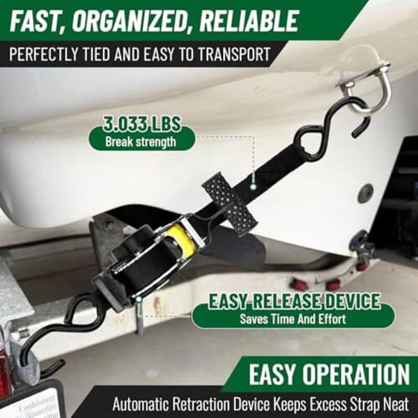 Retractable Ratchet Straps 2-Pack 680 kg Breaking Strength 3.3 m with S-Hooks for Motorcycle Kayak Truck