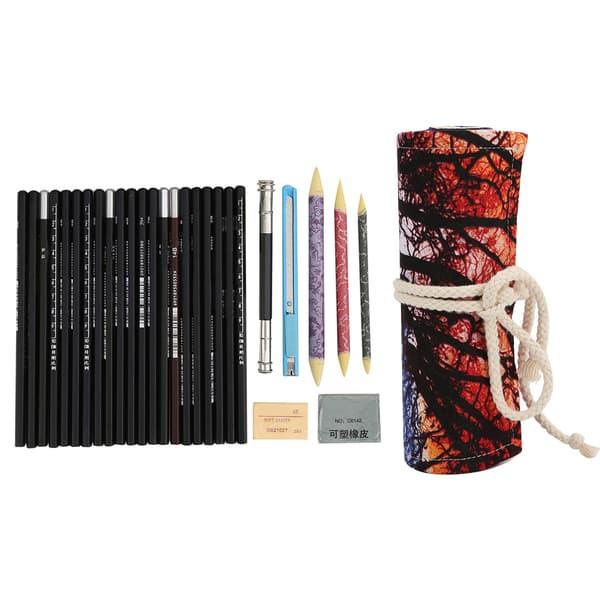 29st Sketch Pen Tool Kit Beginner Artist Drawing Pen Roll Case Art Supplies Sunset Tree