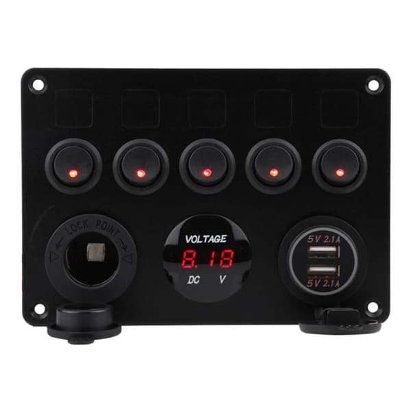 5 sett vippebryter kontrollpanel på-av dobbel digital voltmeter USB-uttak lading for bil marine Rv lastebil rød