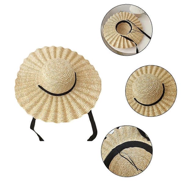 Wide Brim Straw Hat with Wavy Pattern Band for Outdoor Sun Protection Beach