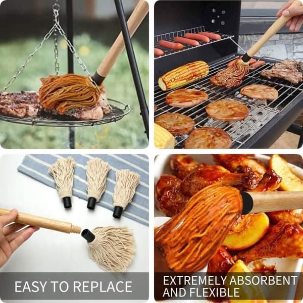 Kitchen Brush, Grill Brush with Long Wooden Handle, Basting Brush + 3 Replacement Heads, for Brushing Oil, Sauces, BBQ