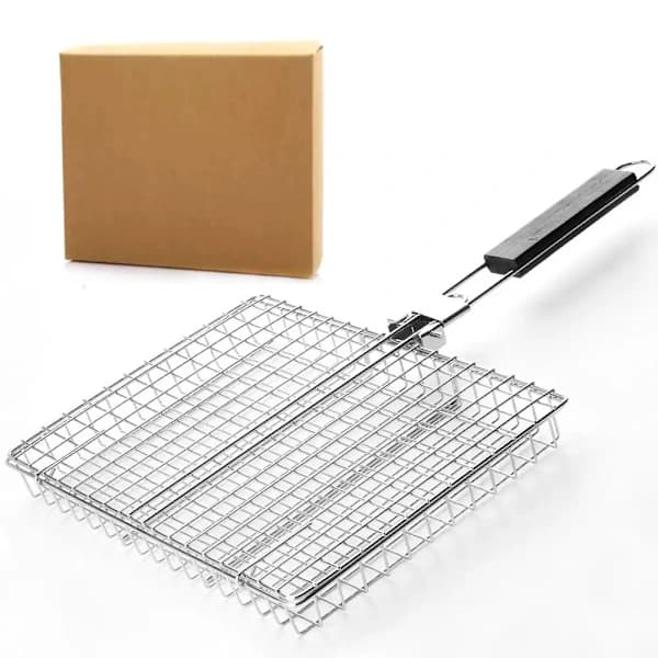 Stainless Steel BBQ Grill Basket with Foldable Handle, Ribbed Grill Rack for Fish and Vegetables for Outdoor Grilling