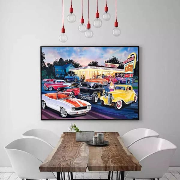MH-(30x40cm) Tegneseriebilde Biler og Burger Shop Diamantmaling