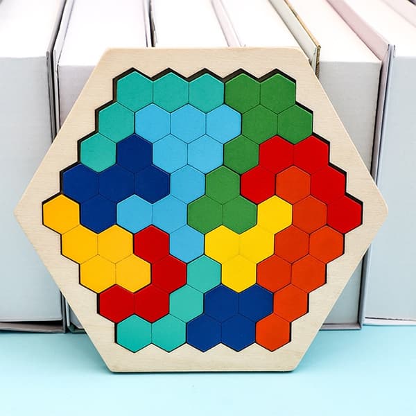 Træ-hexagonpuslespil - Formmønsterblok Tangram