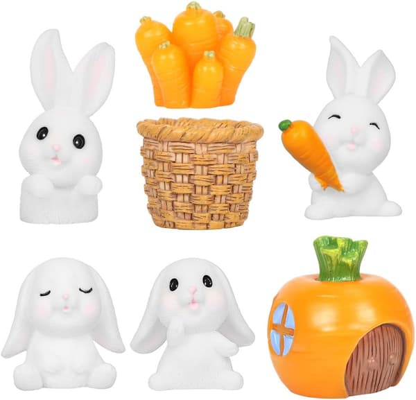 Kaninpynt, 7 stk. mini kaninfigur, påskehare gulerod