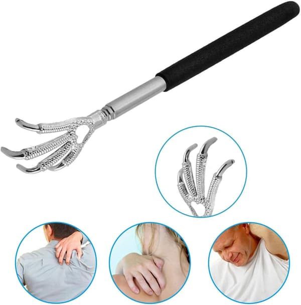 Extendable Stainless Steel Back Scratcher Telescopic Design with Rubber Grip and Bear Claw for Soothing Back
