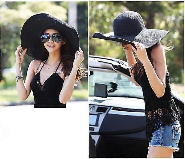 Dame Floppy Bredskyggede Solhat UPF 50 Sommerhat Foldbar Rul Op Floppy Strandhat Solhat Stråhat Sort