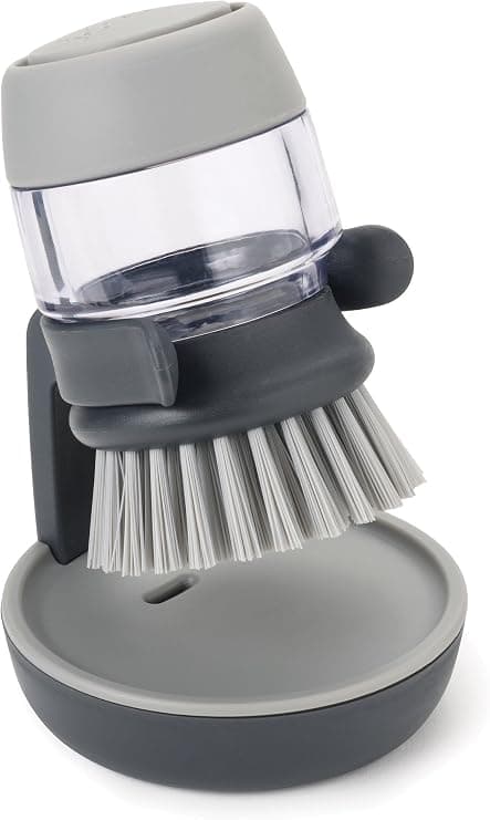 #Grå håndskrubbe med genopfyldelig sæbedispenser og opbevaringsholder#