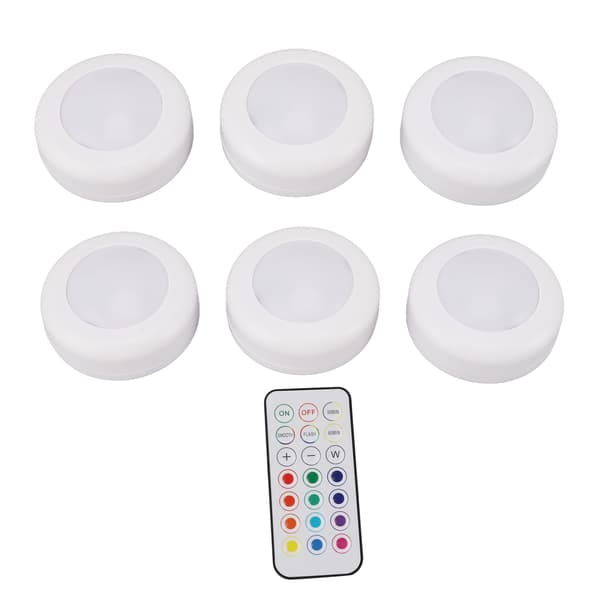 6 pcs LED Puck Lights with Remote Control Dimmable Circular Lamp for Under Cabinet Wardrobe Counter Lighting White