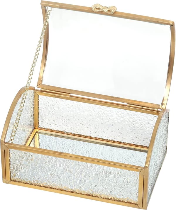 Geometrisk glas- och mässingslåda, vintage smyckeskrin displayfodral Vi