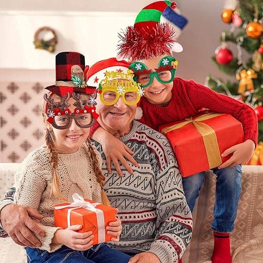 12 Pcs Christmas Hat and Glasses Set, Glitter Party Glasses