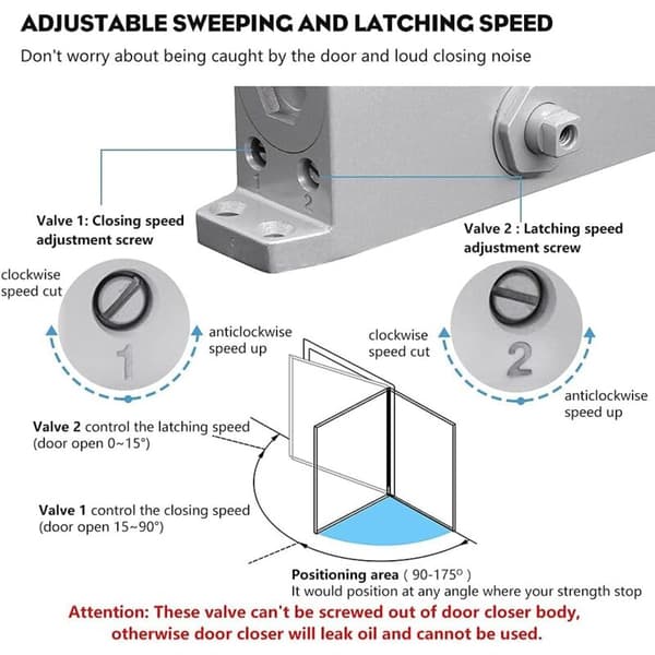 Automatic Hydraulic Door Closer with Adjustable Spring, 25-45 kg, Silver, for Commercial and Private Use