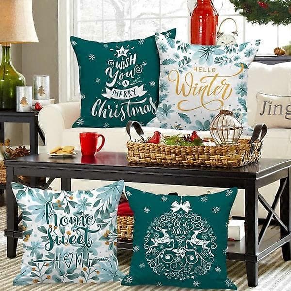 # Set med 4 julkuddfodral 45 x 45 cm (Teal), God Jul #