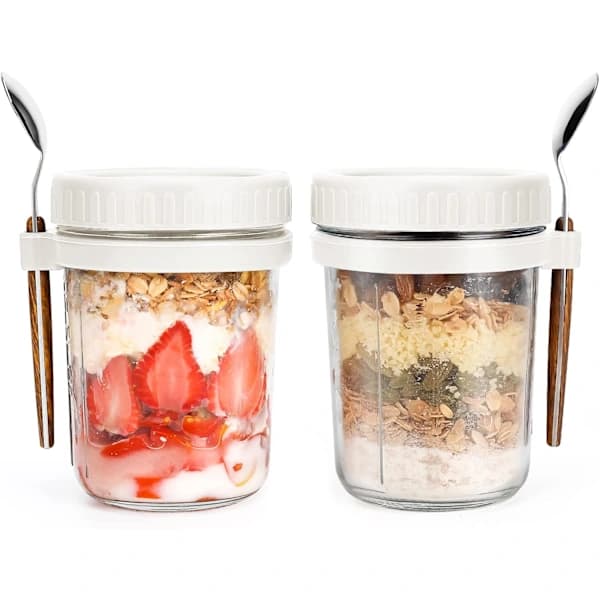 Overnight Oats Jars with Lids and Spoon [2-Pack] - 473ml Leak-Proof Containers