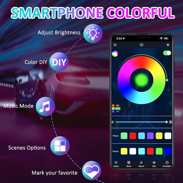 4-delt Underglow-sett for bil, appstyrt flerfarget lysshow, synkronisert musikk, vanntette RGB-lysstriper for biler, lastebiler, SUV-er