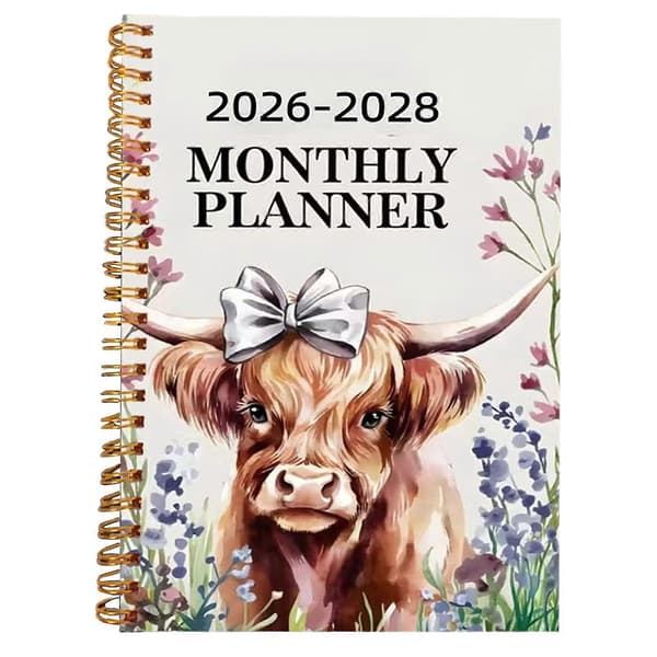 2026-2028 Månedlig Planlægger Highland Ko Notesbog, 3-års Kalender, Spiralbundet Planlægger, Perfekt Gave til Studerende, Lærere