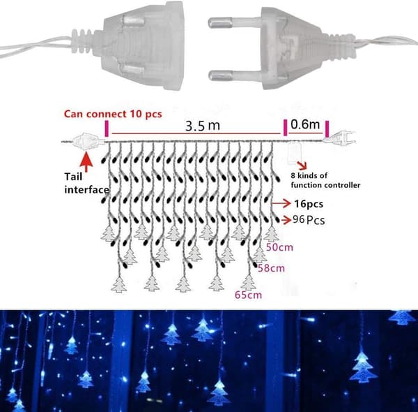 Gardinstenger, 96 LED-lys 3m*0,65m, 8 lysmoduser, vindusdekorasjon, jul, bryllup, bursdag, hjem, uteplass, blå [Energiklasse G]