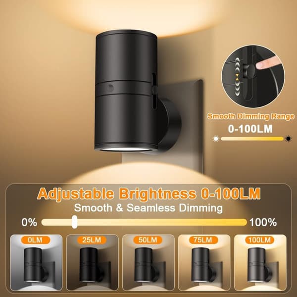 Modern LED Night Lights 2-Pack - Wall Socket Mounting - Warm White Light - 0-100 Lumen Dimmable - Motion Sensor - For Bedroom and Hallway