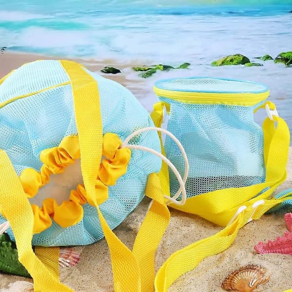 3-delt sæt med mesh-strandtaske, Sky Mesh-legetøjstaske til skalsamling