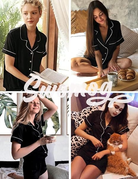 Pyjamasset för damer, kortärmad, sovkläder, damknäppning, nattkläder, PJ-set med fickor