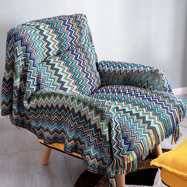 Knitted Blanket with Tassels Houndstooth Boho Plaid Cozy Blanket Knitted Throw Blanket Decorative Blanket for Sofa Bed blue 127*180cm
