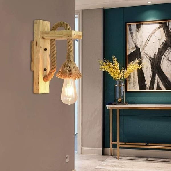 Industrial LED Wall Lamp, Decorative Wooden Hemp Rope Wall Light for Cafe