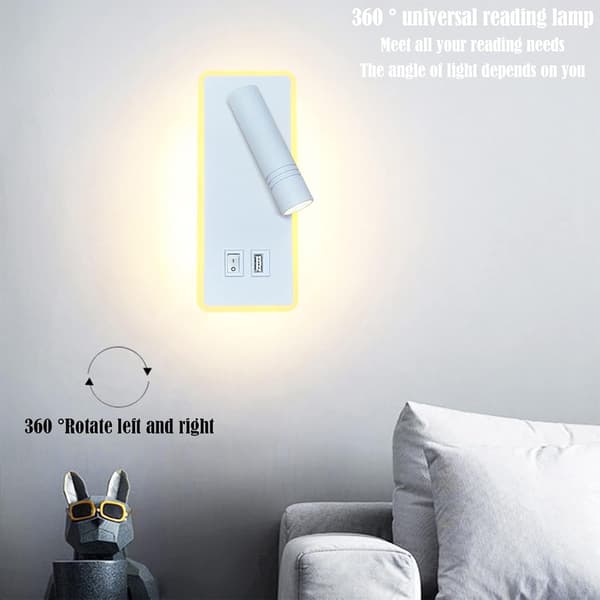 LED Vegglampe, 9W, Nattbordsleselampe med USB-ladeport
