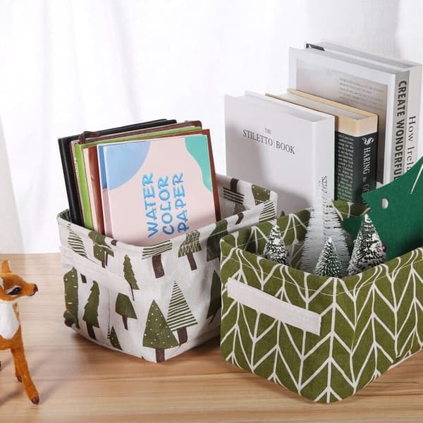 10-pack Small Foldable Linen and Fabric Storage Baskets with Handles and Water-Resistant Lining, for Shelves and Desks, Toys, Books or Makeup.