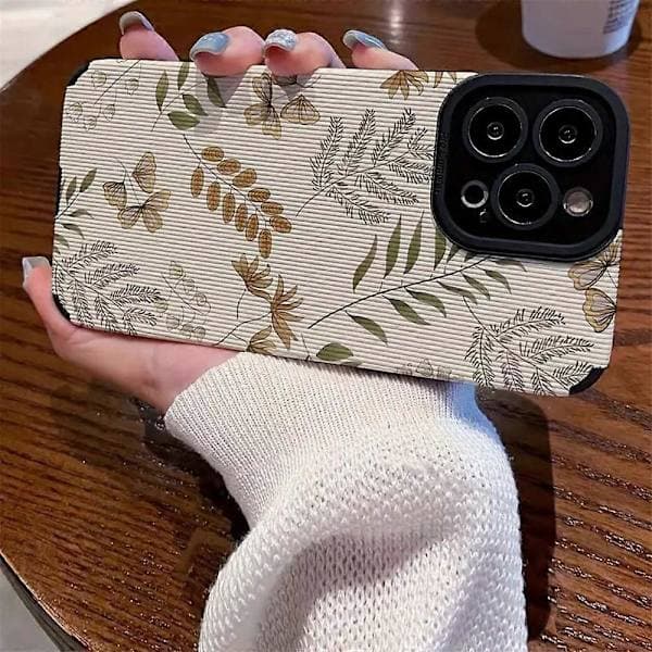 Etui til iPhone 16 Pro, bregner PU-læder + TPU æstetisk telefonetui