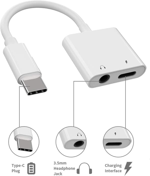USB C til 3,5 mm hodetelefonkontaktadapter, hurtiglading og musikk Aux-lydkabel